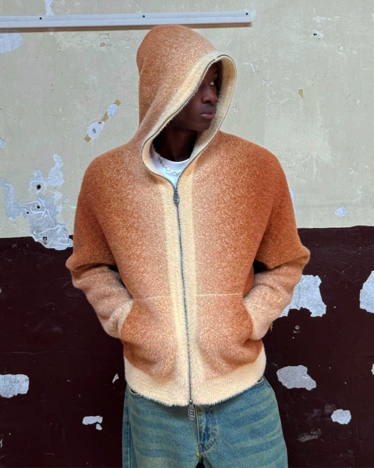 Gradient Zip-Up Knit Hoodie Brown