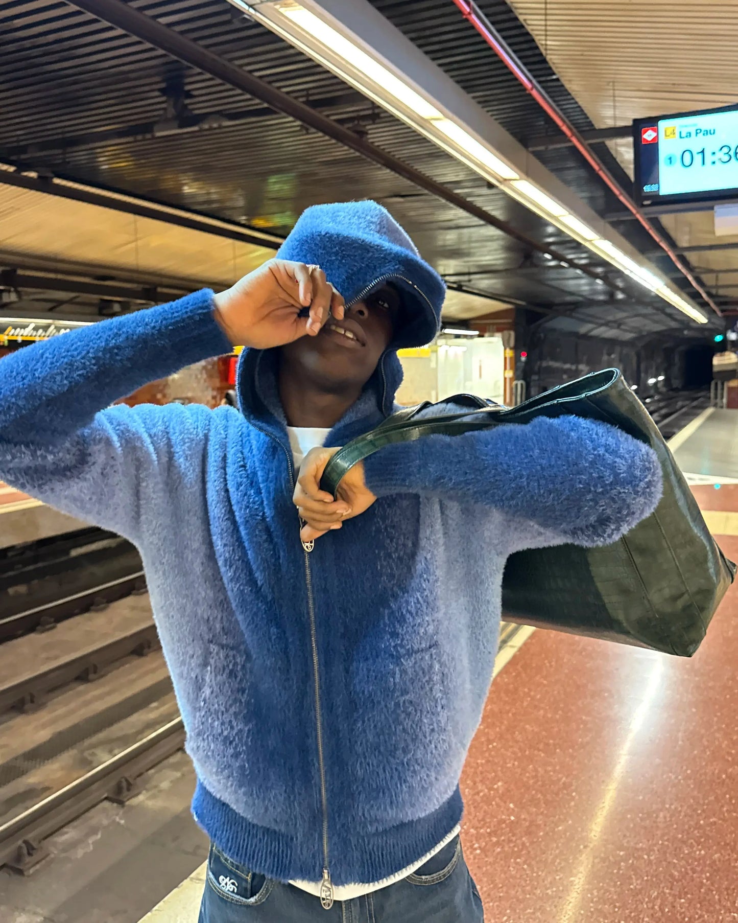 Gradient Zip-Up Knit Hoodie Blue