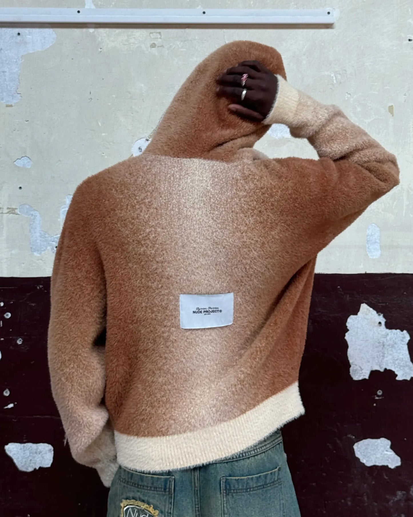 Gradient Zip-Up Knit Hoodie Brown