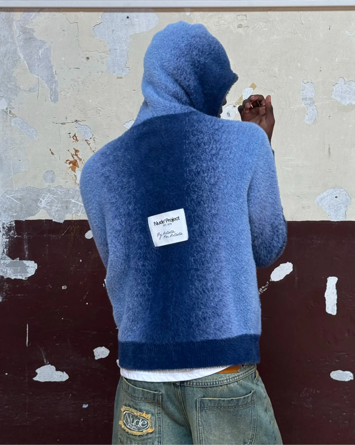 Gradient Zip-Up Knit Hoodie Blue
