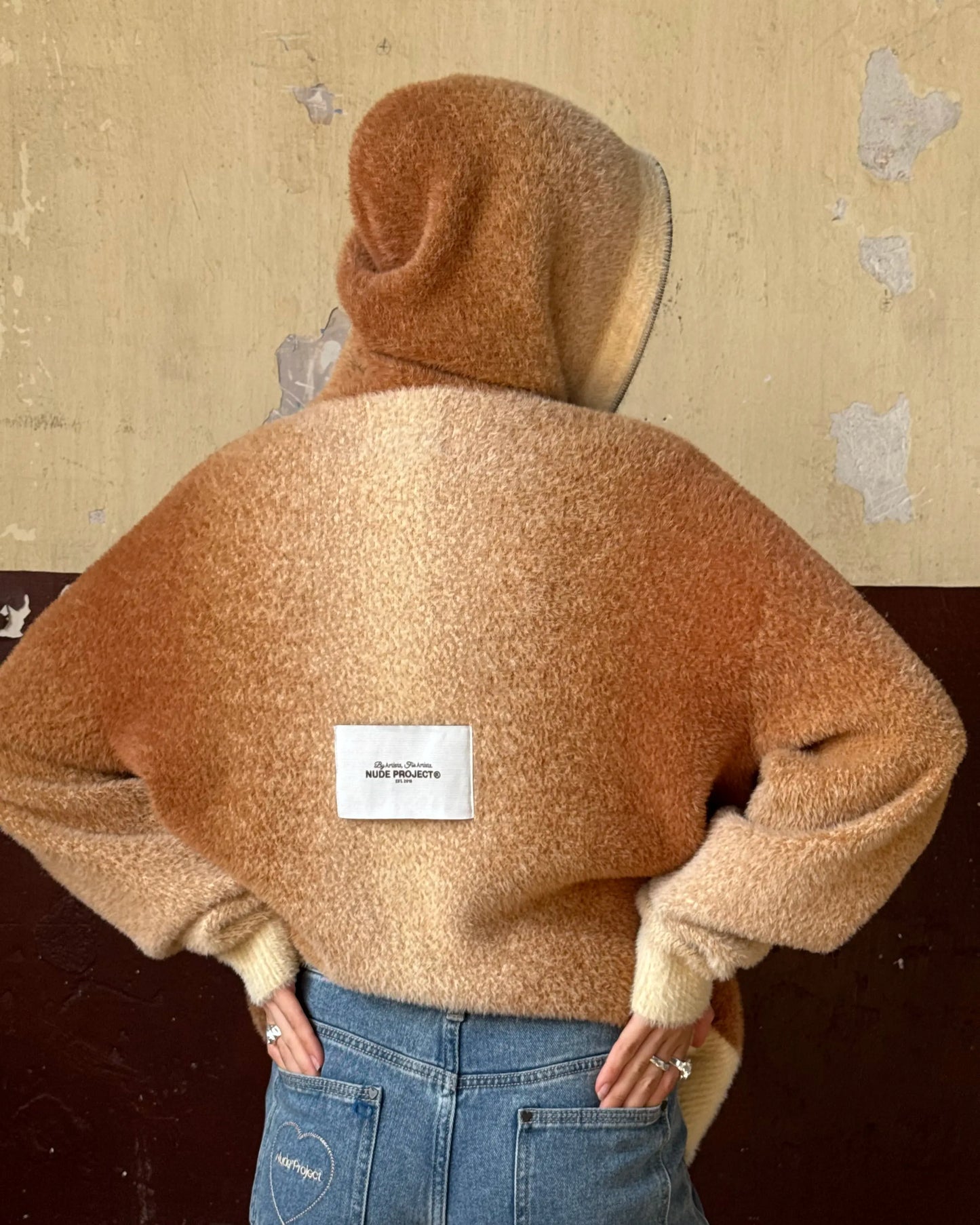 Gradient Zip-Up Knit Hoodie Brown