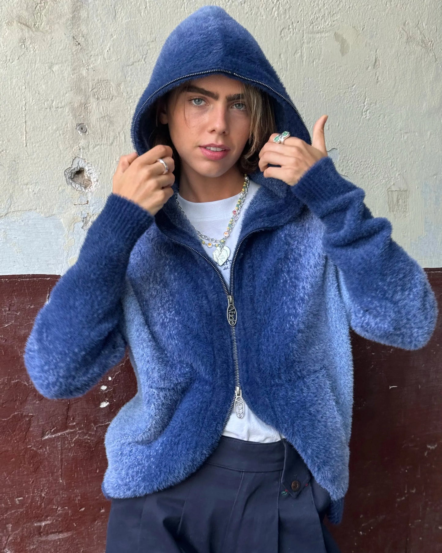 Gradient Zip-Up Knit Hoodie Blue