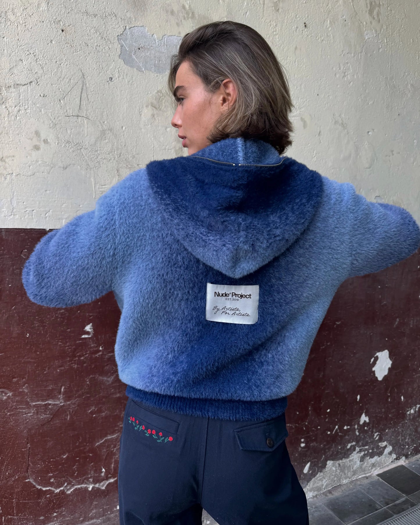 Gradient Zip-Up Knit Hoodie Blue