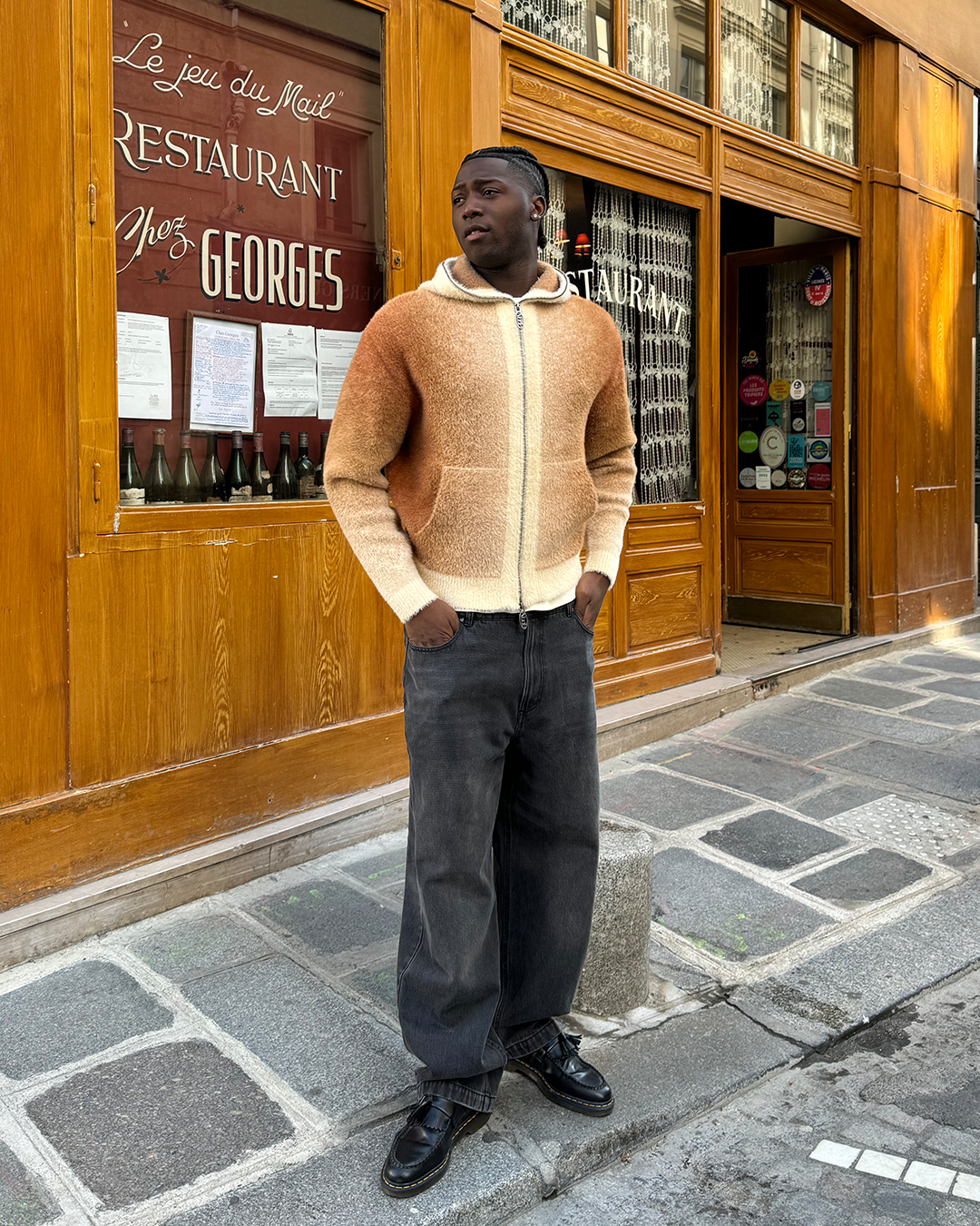 Gradient Zip-Up Knit Hoodie Brown