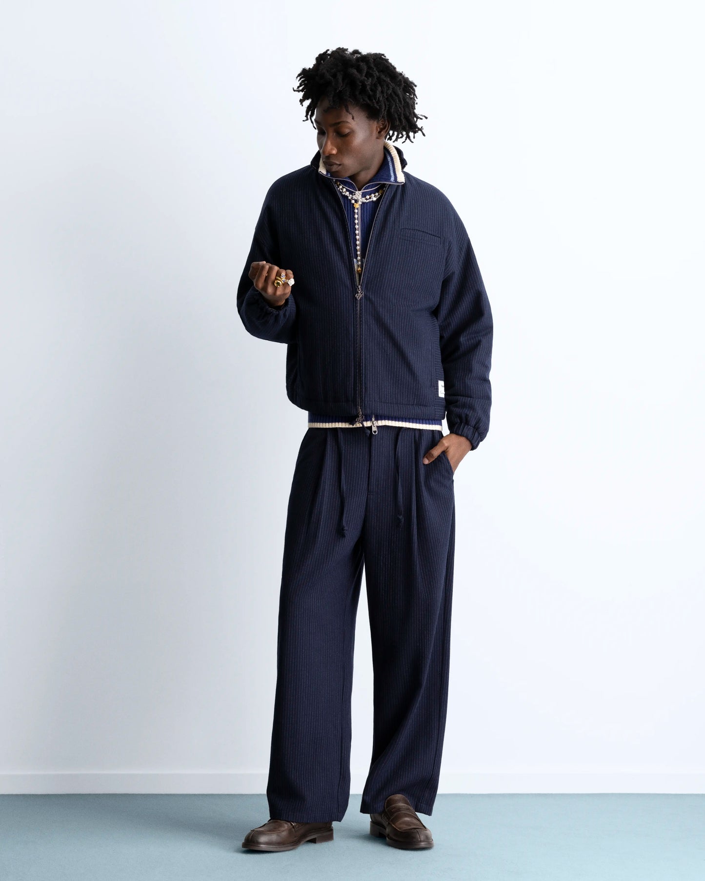Wool Zip-Up Bomber Jacket Navy