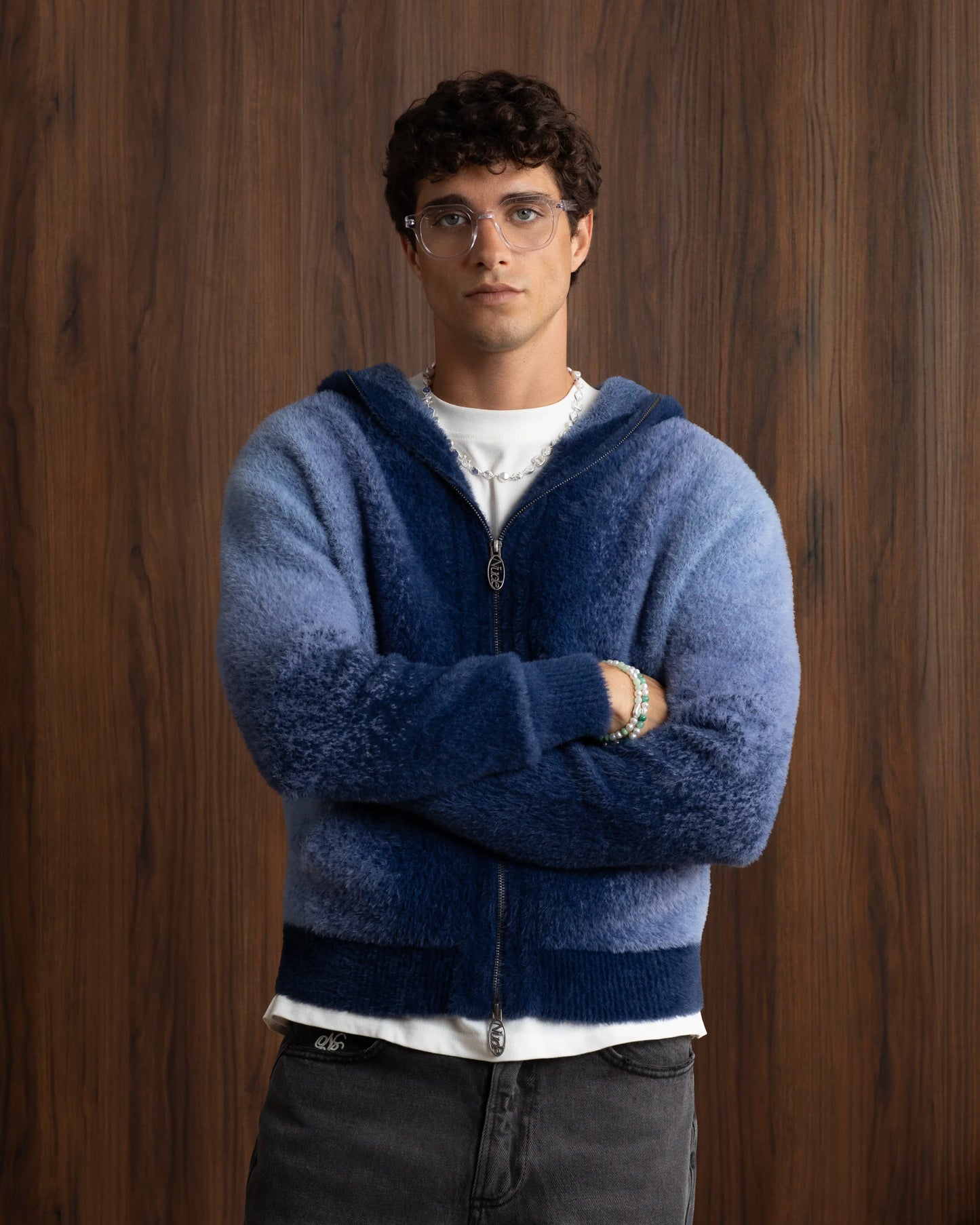 Gradient Zip-Up Knit Hoodie Blue
