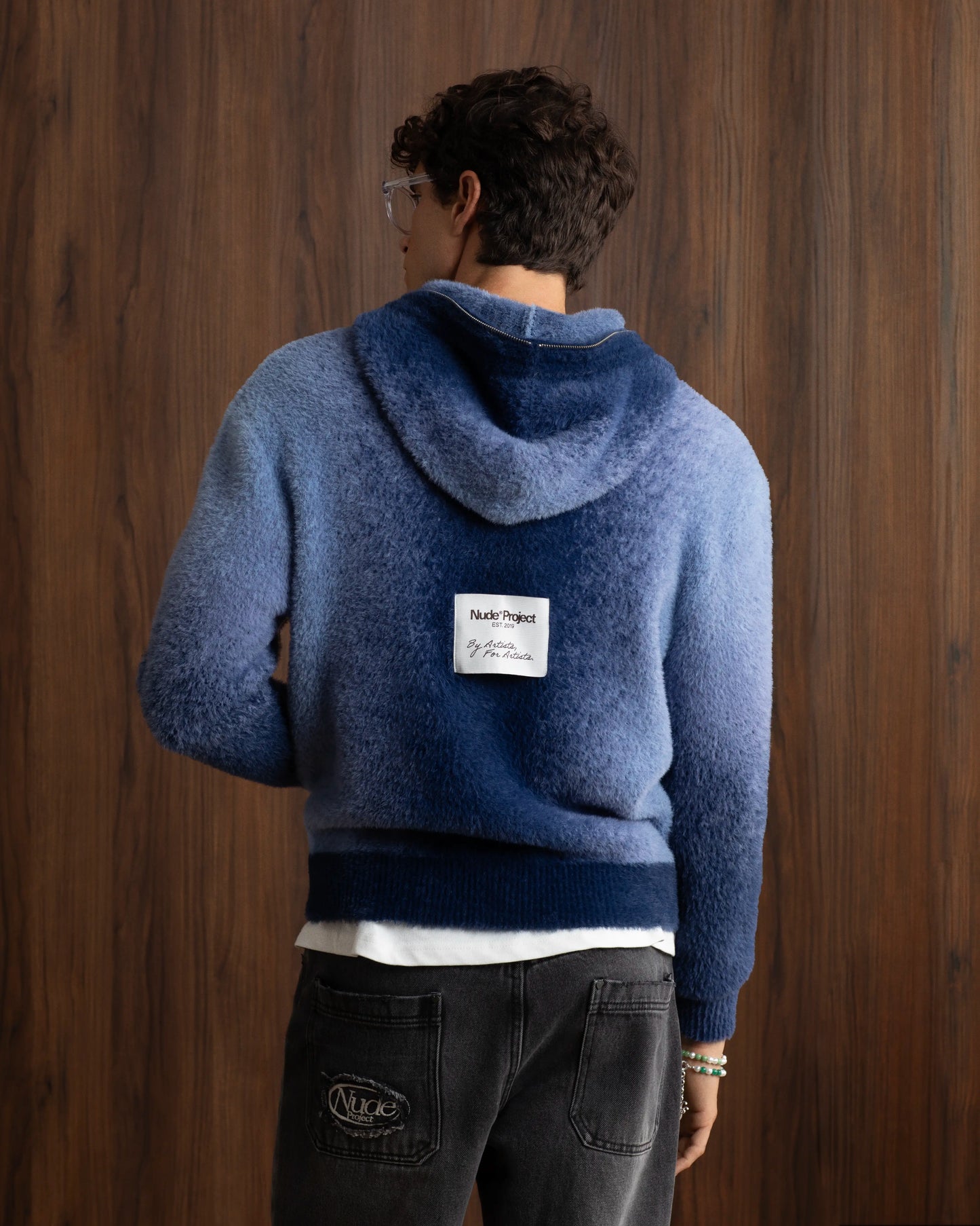Gradient Zip-Up Knit Hoodie Blue