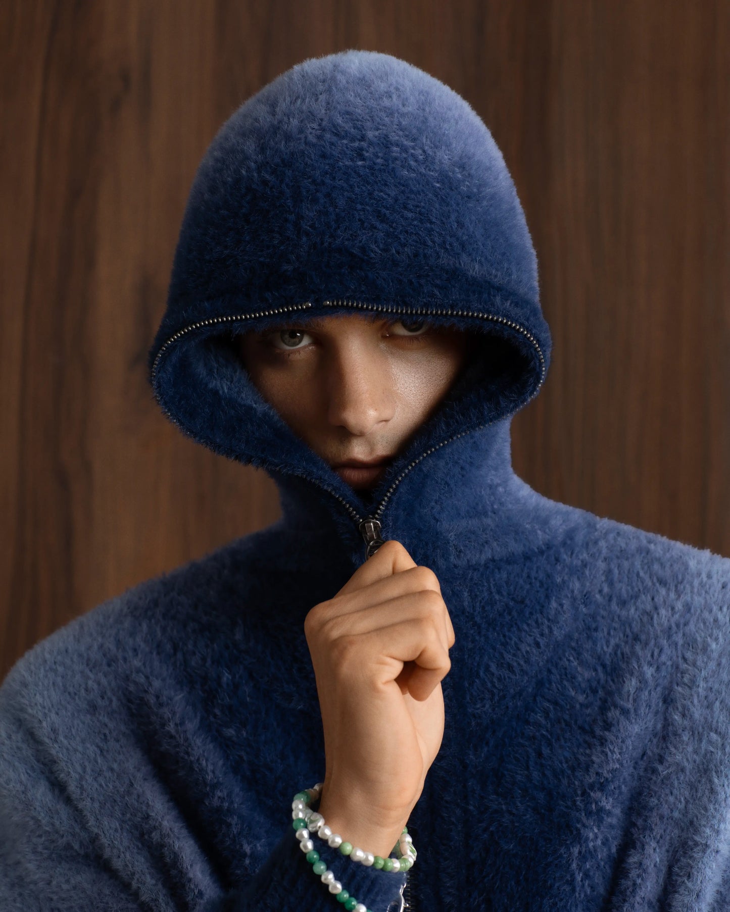 Gradient Zip-Up Knit Hoodie Blue
