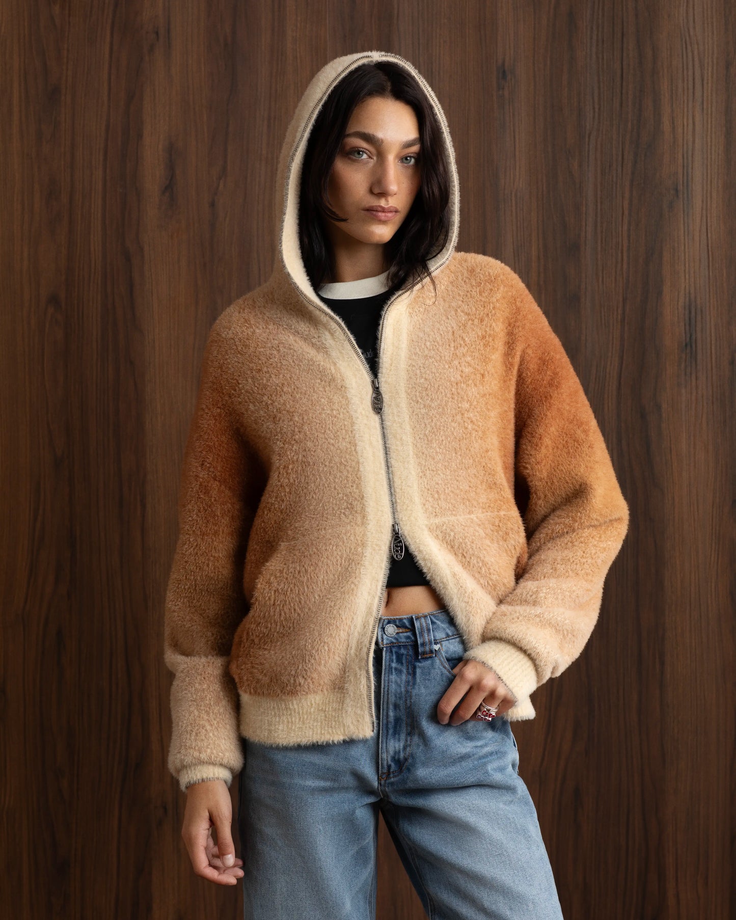 Gradient Zip-Up Knit Hoodie Brown
