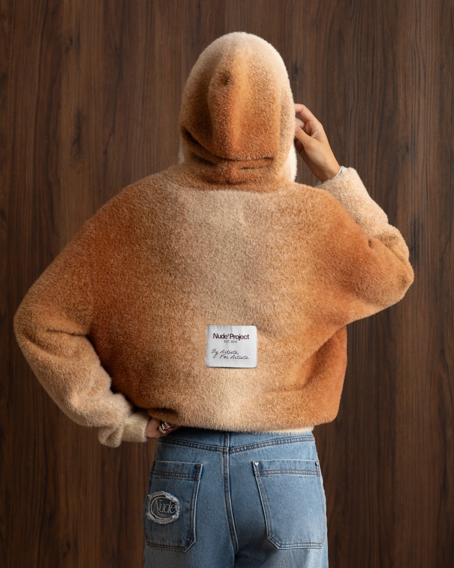 Gradient Zip-Up Knit Hoodie Brown
