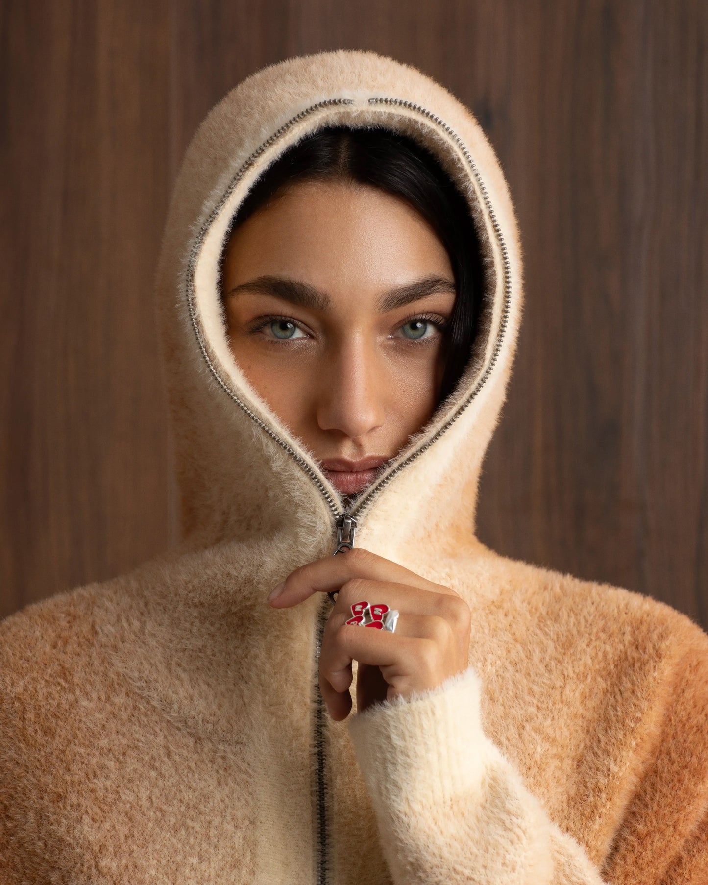Gradient Zip-Up Knit Hoodie Brown