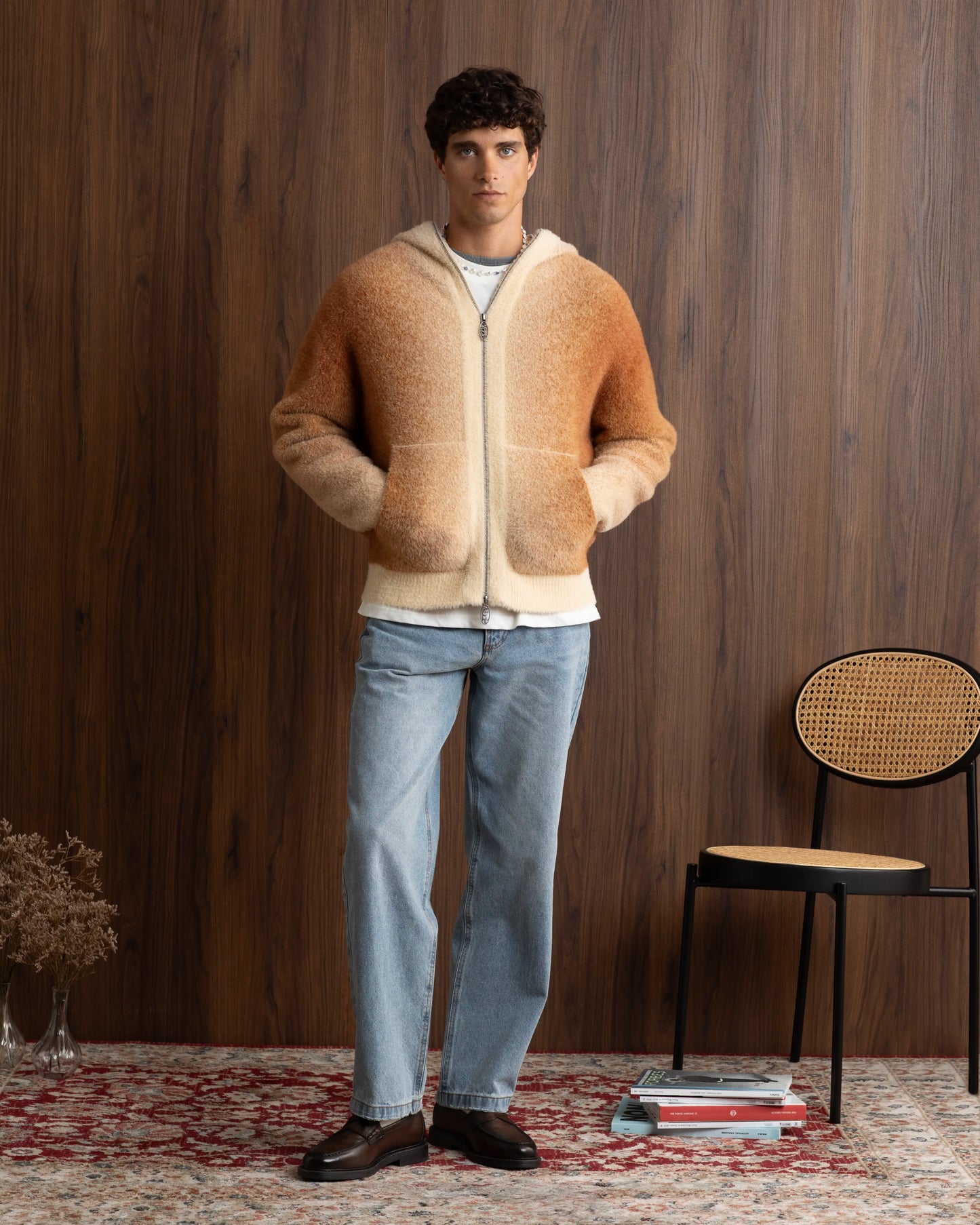 Gradient Zip-Up Knit Hoodie Brown