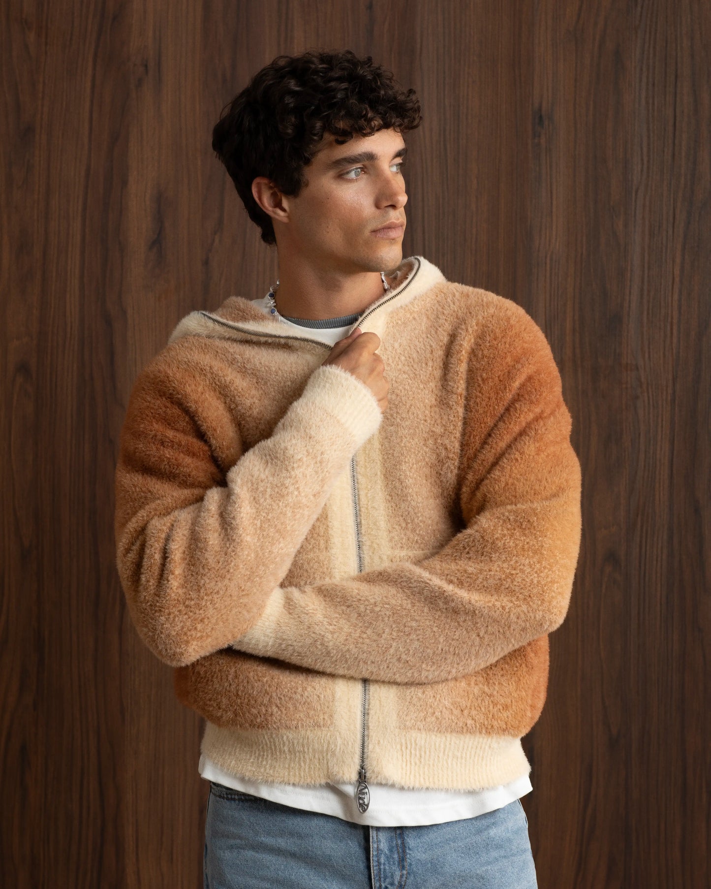 Gradient Zip-Up Knit Hoodie Brown