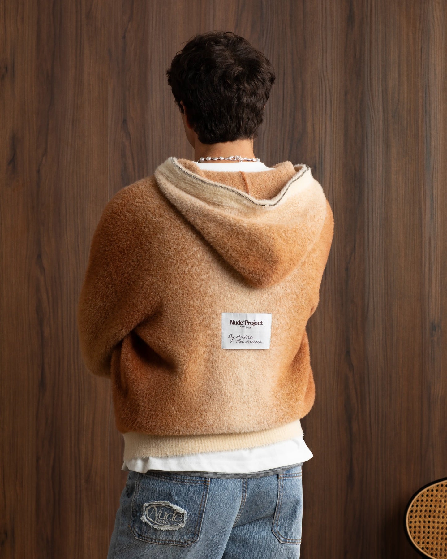 Gradient Zip-Up Knit Hoodie Brown