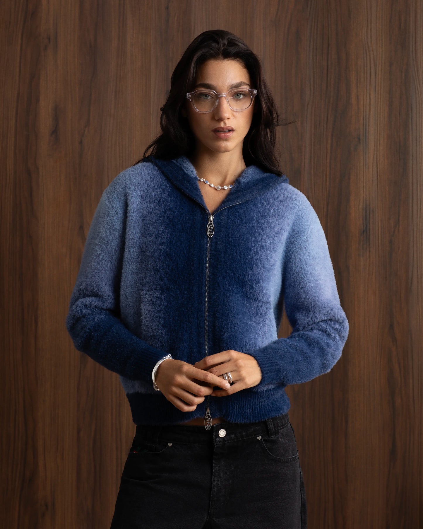 Gradient Zip-Up Knit Hoodie Blue