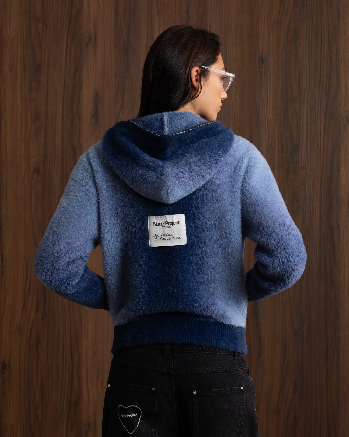 Gradient Zip-Up Knit Hoodie Blue