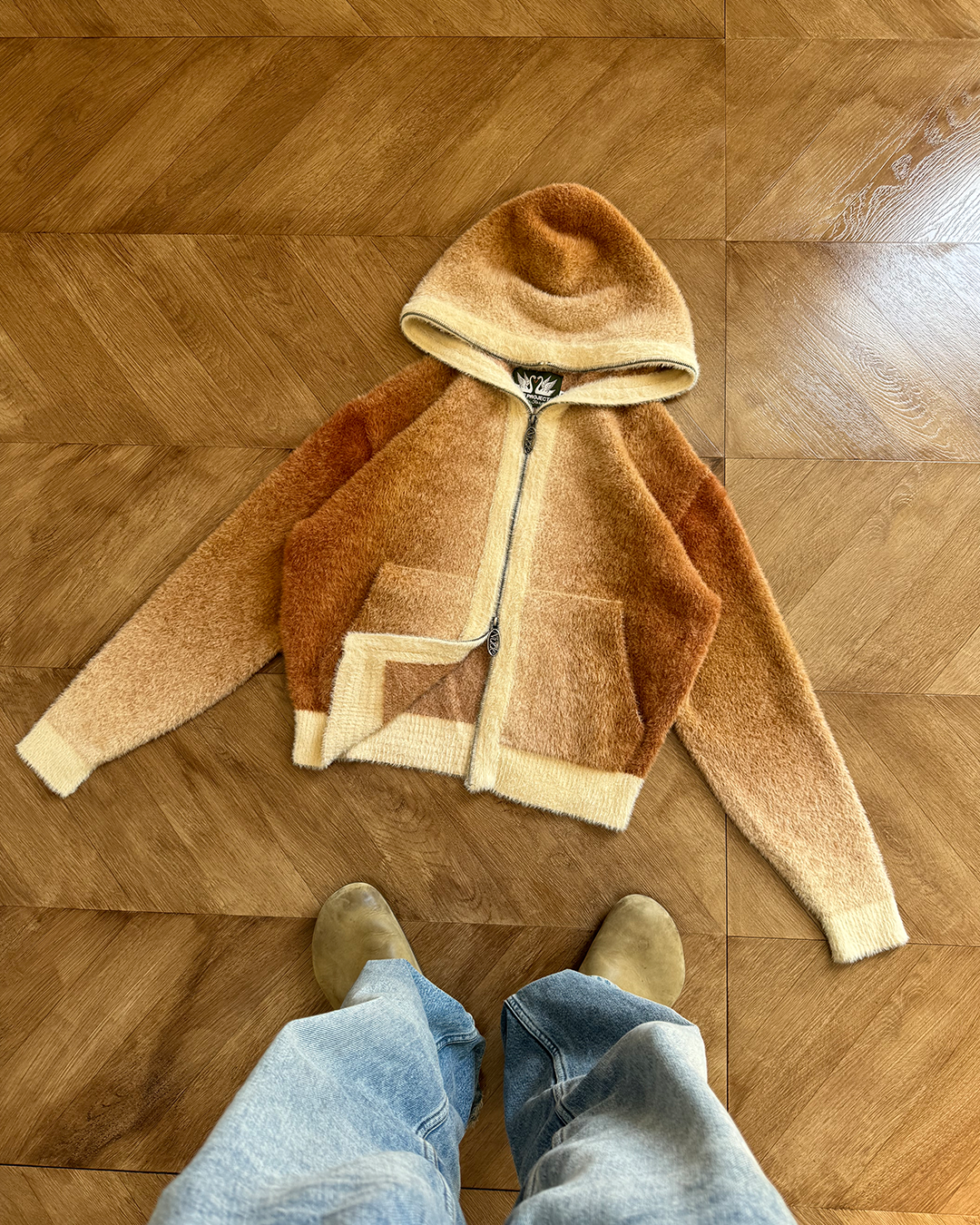 Gradient Zip-Up Knit Hoodie Brown
