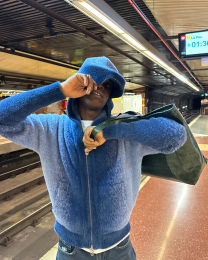 Gradient Zip-Up Knit Hoodie Blue