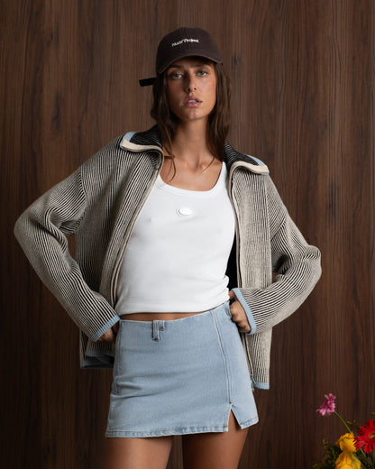 Classy Zip-Up Knit Cardigan Blue