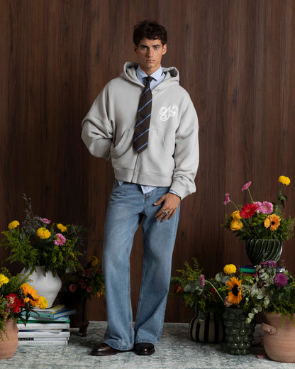 Puffy Zip-Up Boxy Hoodie Grey