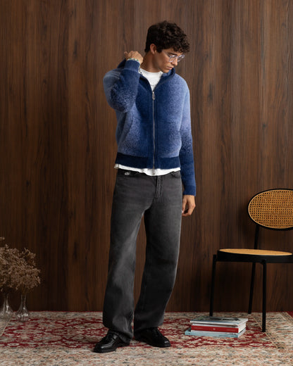 Gradient Zip-Up Knit Hoodie Blue