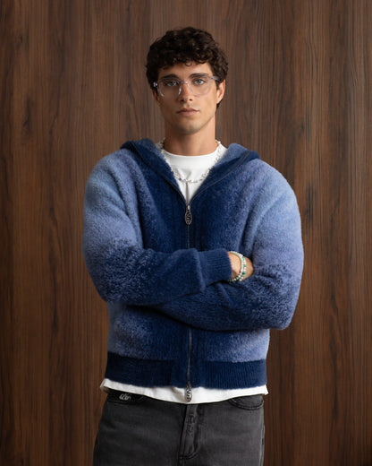 Gradient Zip-Up Knit Hoodie Blue