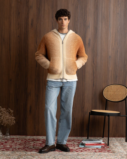 Gradient Zip-Up Knit Hoodie Brown