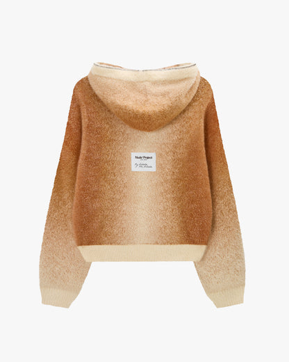 Gradient Zip-Up Knit Hoodie Brown