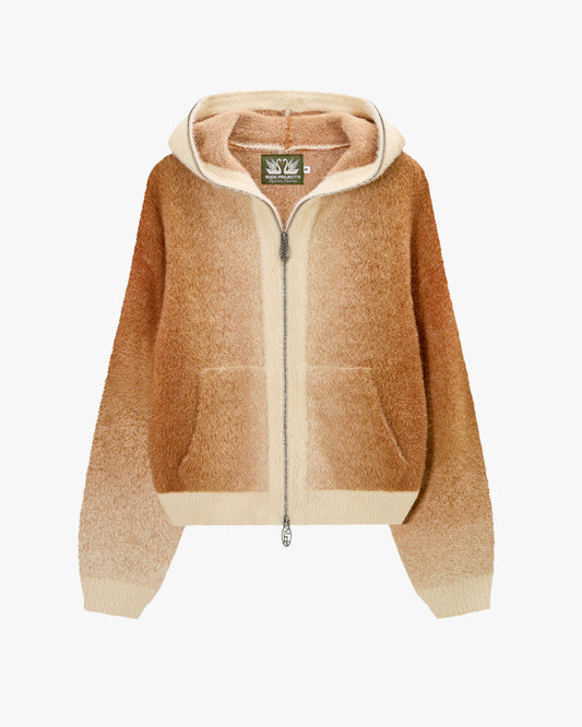 Gradient Zip-Up Knit Hoodie Brown